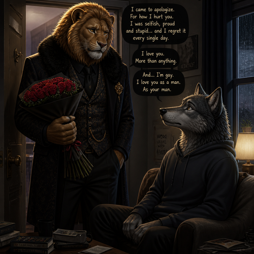 A (well-made grown anthropomorphic male character) rich Barron a Lion that wears whatever he wears who came to see a non-rich anthro male grey Wolf for an apology for how he’s sorry and tell him he loves him and says he’s gay.