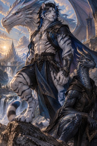 male, white tiger, anthro, digitigrade feet, blue eyes, black crescent on forehead, black hair with blue ends