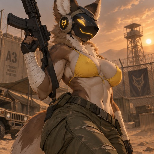 A digital illustration of an anthropomorphic Protogen character with an attractive, muscular physique—displaying powerful biceps, a full bust, and defined abs. She wears worn-looking olive-green military pants and a bright yellow bikini top, maintaining a confident expression. Her right arm is heavily wrapped in white bandages extending from the wrist to the mid-forearm, and she holds a black tactical rifle. She poses confidently and with a hint of excitement in front of a desert military base; the silhouette of a distant watchtower and a wire fence stand out against a hazy, orange-hued sky. The composition is a half-body shot focusing on the character's torso and face, utilizing a dramatic, extreme angle. Directional lighting creates soft shadows that accentuate the contours of her silhouette. The color palette is dominated by subdued earth tones that contrast sharply with her fur and the vibrant yellow of her swimwear. The atmosphere is rugged yet serene.