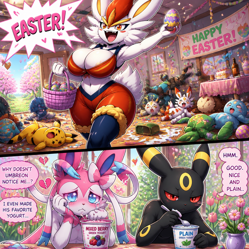 A busty well-made fluffy female Pokemon character, Cinderace. Who celebrates on today’s Easter Day and shouts, EASTER! And wrecking up a place like a crazy party girl while she knocked other Pokemon out on a floor cold by her but A cute but creepy male Sylveon just as sad and irritating about being ignored by a male Umbreon while eating a healthy yogurt ignoring. All well-made anthropomorphic characters. Animated verse. Spring.