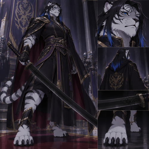 male white tiger anthro, black hair to the shoulders with blue tips, blue eyes, digitigrade footpaws, Overlord style, black odachi

