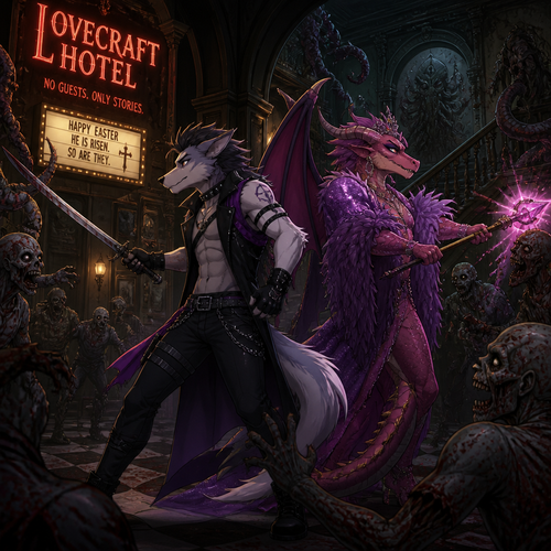 A well-made homosexual male character, Sergal and the drag queen a Dragon male, both facing the living dead inside the lovecraft hotel on today’s Easter. A badass animated version of reality. Side view.