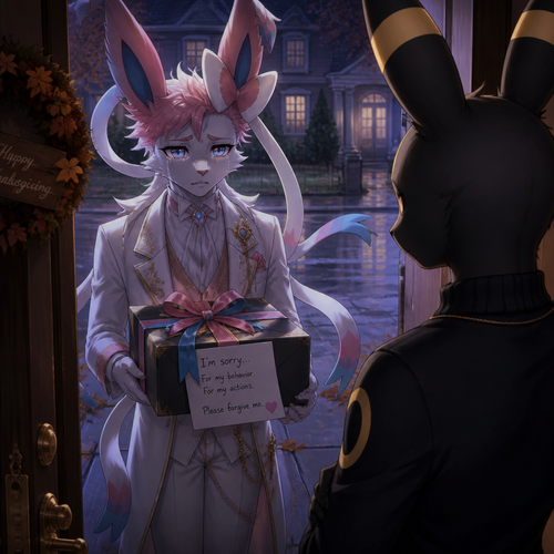 An evil but broken well-made Pokemon male character, a rich Sylveon who’s at the front door outside carries a gift box with ribbons for an apology for his behavior and his actions while beg the male Umbreon for forgiveness at today’s thanksgiving in the anthro verse. A serious animation image.