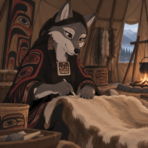 A female Tsimshian anthropomorphic wolf who is in her tent working on a animal hide, animated style