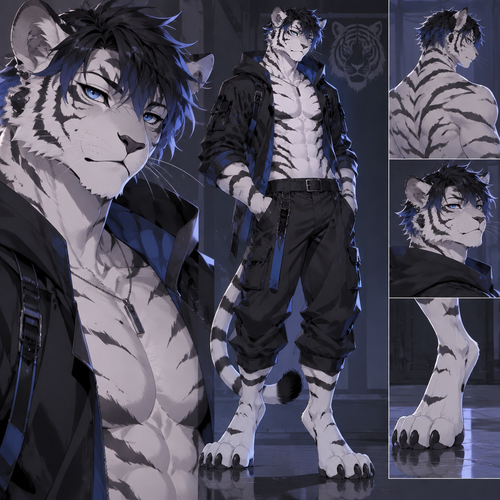 male white tiger, , blue eyes, short black hair with blue tips, digitigrade feet, anime style
