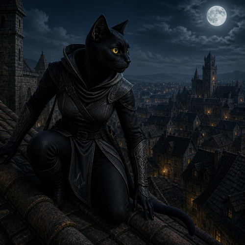 medieval era, black female cat, black and grey assassin's creed outfit, adult, athletic, on the roof, looking to the outside of the city, night time, yellow eyes, no hairs, short fur, cute looking