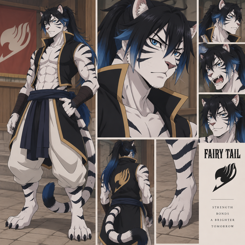 Male, anthro white tiger, digitigrade footpaws, thick black hair with blue tips, hair in a long ponytail, anime style, blue eyes, Fairy Tail anime