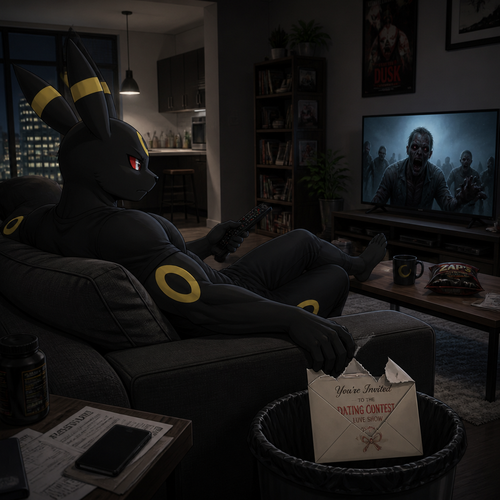 In a anthro Pokemon universe. A grown non-rich Umbreon male who lives in a apartment alone who’s ripped the envelope that says; your invited to dating contest live show; from the grown wealthy Sylveon male (the Barron) and then put it on a trash while continues to watch a zombie horror movie on television. A well-made animated modern life version.