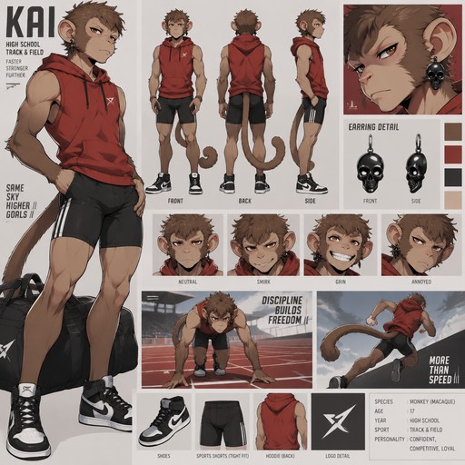 A high school aged male monkey with a tail wearing tight black sports shorts, red sleeveless hoodie, black and white shoes, and big obsidian skull earrings in both ears. Reference sheet, anime art style, sport theme.