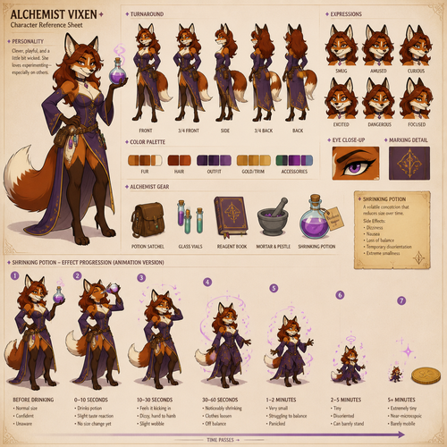 A female alchemist vixen, reference sheet, shows the progression of the effects of a shrinking potion, animation version 