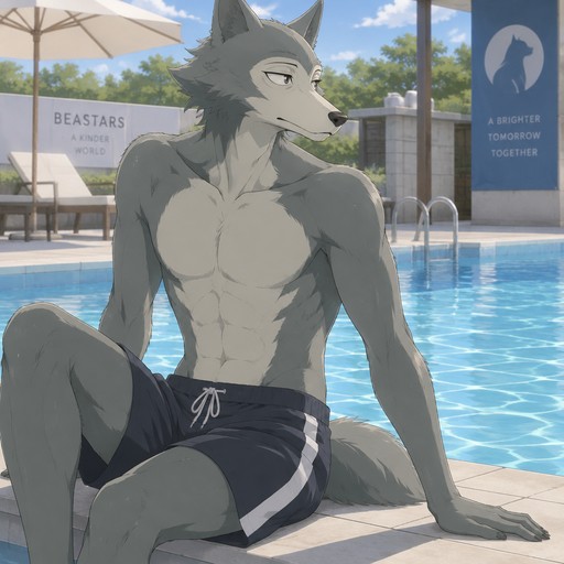 Legoshi in swimwear at a pool