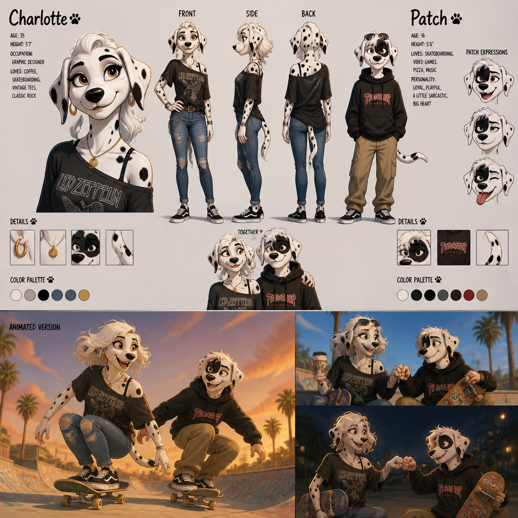 A beautiful female anthropomorphic Dalmatian named Charlotte in her mid thirties skateboarding with her teenage son Patch who has a patch of black fur over his right eye, reference sheet, animated version