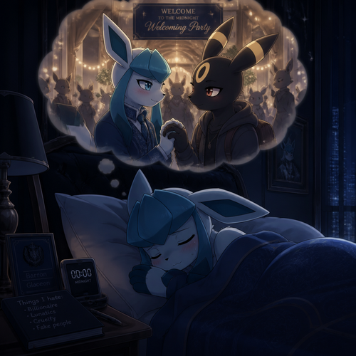 A nervous and shy Glaceon (the Barron) who’s sleeping at his bed at his mansion, dreaming about happily seeing Rick (the non-rich Umbreon male) at the welcoming party and holding hands. And smiling peacefully like being healed. Well-made animated version. A modern life. At midnight. A anthropomorphic universe. Secretly gay. Dislikes billionaire lunatics.