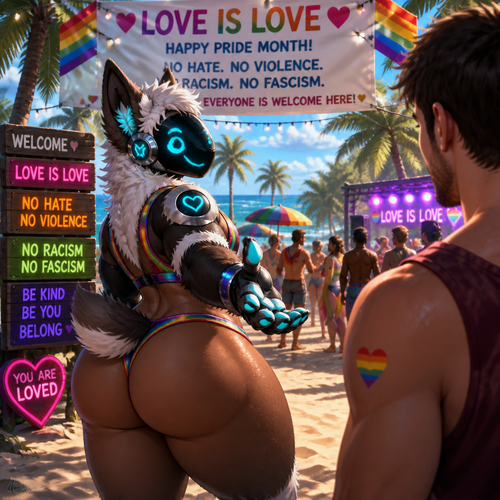 A well-made homosexual fluffy gay Protogen adult male character that wears a swimsuit and has thick thighs and a big round buttocks also has a short tail who’s invited a man into a party at the beach and has both nice views where love is love in pride month and there’s no hate and violence including racism allowed and fascism is not welcomed.