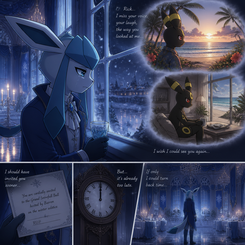In an anthropomorphic Pokemon universe, A sad Glaceon (the adult Barron with no name) who lives in a snowy land and misses a non-rich grown Umbreon male who lives in a small modern house at the beach in Hawaii named Rick, and wishes to see him again. Well-made anime version. Knew that he should invited Rick at his ballroom but it’s already too late. 