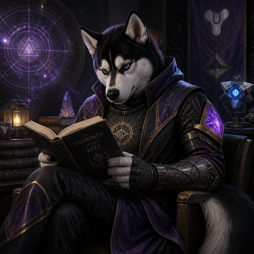 A young male Husky reading a book. Wearing Warlock armor from Destiny 2.