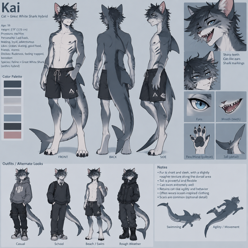 A teenage male anthropomorphic cat and great white hybrid, reference sheet 