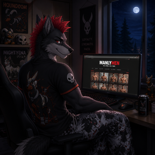 A young male dire wolf wearing mightyena theme pajama pants and houndoom theme shirt, has a red mohawk hairstyle. Sitting at a computer desk browsing a male only website. Next to the desk built into the wall is a window showing its nighttime outside. Anime art style.