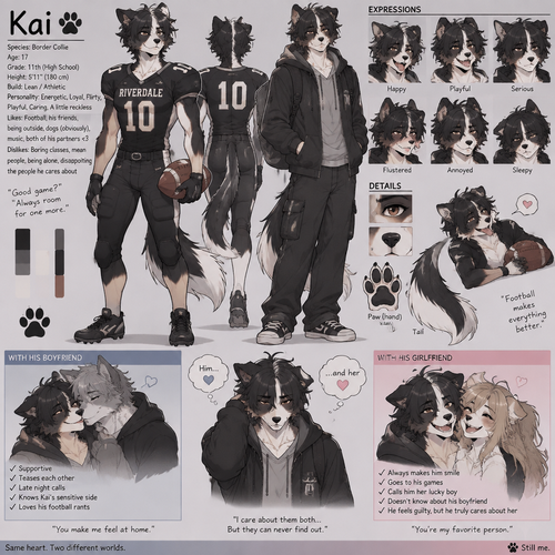 A high school aged male anthropomorphic border collie. He loves playing football. Has a boyfriend and a girlfriend who doesn’t know about each other. Anime art style, reference sheet.