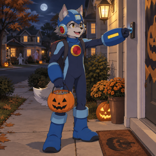 Middle school aged male dire wolf dressed up as Mega Man from the Battle Network series. He is outside going house to house trick-or-treating on Halloween night. Anime art style, full body.