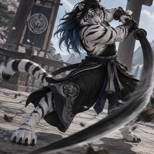 male, white tiger anthro, digitigrade footpaws, long black hair with blue ends, blue eyes with black rings around the outer edge of the iris, swinging a black Odachi


