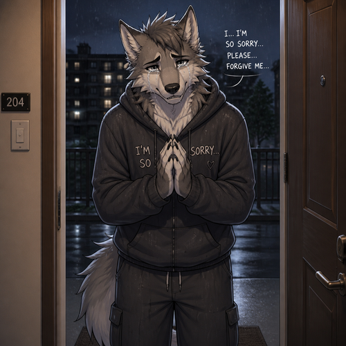 A well-made grown soft-hearted foolish Sergal male character who’s at the outside door of the apartment building who came with a tearful face and came to say that he was sorry again saying so sorry to beg forgiveness to a dear friend at a front view.