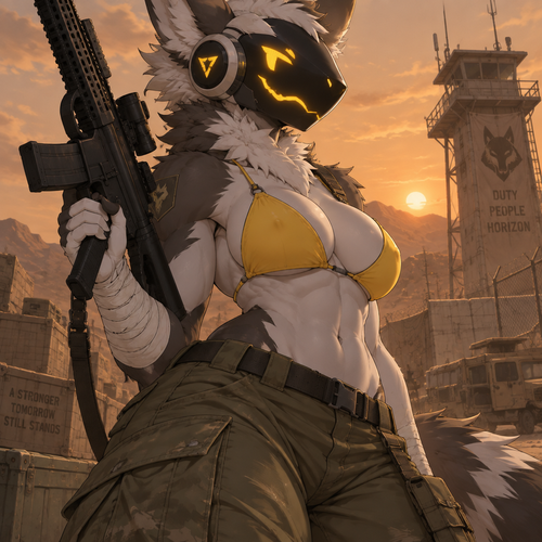 A digital illustration of an anthropomorphic Protogen character with an attractive, muscular physique—displaying powerful biceps, a full bust, and defined abs. She wears worn-looking olive-green military trousers and a bright yellow bikini top, maintaining a confident expression. Her right arm is heavily wrapped in white bandages extending from the wrist to the mid-forearm, and she holds a black tactical rifle. She poses confidently with a hint of excitement in front of a desert military base; the silhouette of a distant watchtower and a wire fence stand out against a hazy, orange-hued sky. The composition is a half-body shot focusing on the character's torso and face, utilizing a dramatic, extreme angle. Directional lighting creates soft shadows that accentuate the contours of her silhouette. The color palette is dominated by understated earthy tones that contrast sharply with her fur and the vibrant yellow of her swimwear. The atmosphere is rugged yet serene, rendered in a clean, refined art style featuring anime influences, soft shading, and precise linework.