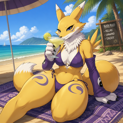 A well-made female anthro character, Renamon. Has thick thighs. Wears swimsuit and eyeliner. At the beach. Animated verse. Sits on a rug below the sand. Enjoying the margarita.