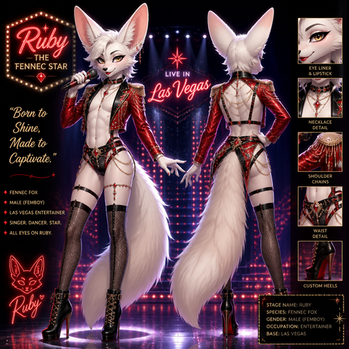 A well-made white furred fennec Fox male named Ruby, wears something attractive for entertainment for a show by self to dance/sing. Wears eyeliner and lipstick. Has a bushy tail. A grown femboy anthro. A star in Las Vegas. Well groomed. Front/back view. Animated verse.