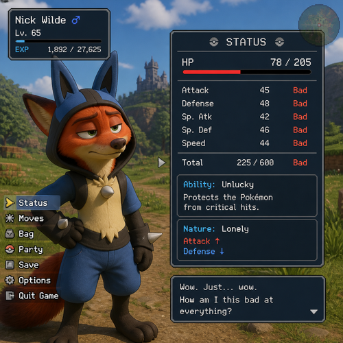 Nick Wilde wearing a Lucario themed outfit. His is inside a video game looking at his stats seeing he is level 65 with all bad stats.