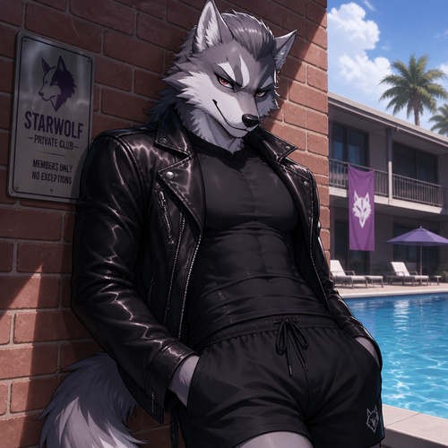 Wolf O’Donnell wearing loose black swimsuit and a tight black shirt and a leather jacket. He has a smirk on his face and push the fur on his head back. He is leaning against a brick building near a pool. Anime style art