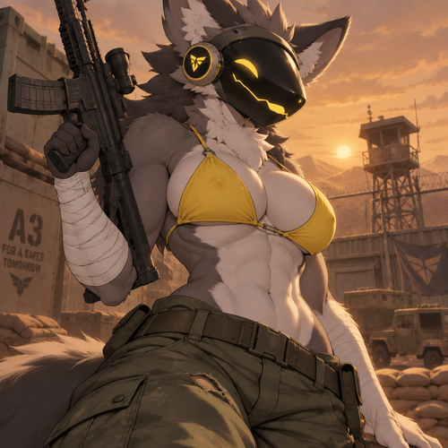 A digital illustration of an anthropomorphic Protogen character with an attractive, muscular physique—displaying powerful biceps, a full bust, and defined abs. She wears worn-looking olive-green military trousers and a bright yellow bikini top, maintaining a confident expression. Her right arm is heavily wrapped in white bandages extending from the wrist to the mid-forearm, and she holds a black tactical rifle. She poses confidently with a hint of excitement in front of a desert military base; the silhouette of a distant watchtower and a wire fence stand out against a hazy, orange-hued sky. The composition is a half-body shot focusing on the character's torso and face, utilizing a dramatic, extreme angle. Directional lighting creates soft shadows that accentuate the contours of her silhouette. The color palette is dominated by understated earthy tones that contrast sharply with her fur and the vibrant yellow of her swimwear. The atmosphere is rugged yet serene, rendered in a clean, refined art style featuring anime influences, soft shading, and precise linework.