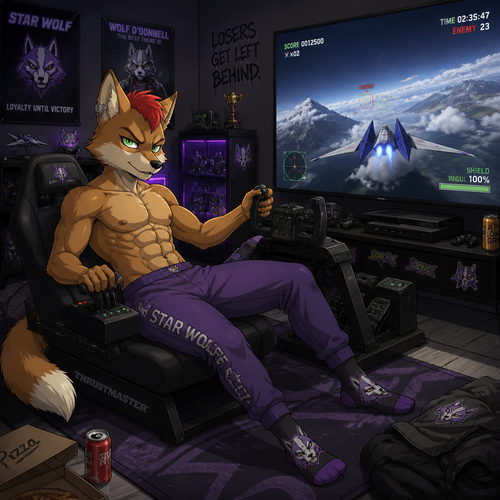 A high school aged delinquent Fox McCloud wearing tight purple Star Wolf sweatpants, shirtless showing 16 pack of abs, red mohawk, and Wolf O’Donnell themed socks. Playing a flight simulator game on a 75 inch tv in a game room with realistic flight controls. Anime art style, solo, full body.