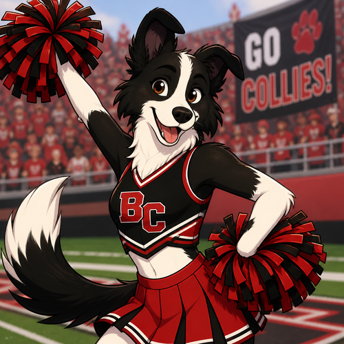 Anthropomorphic border collie cheerleader in a red and black uniform, animated version 