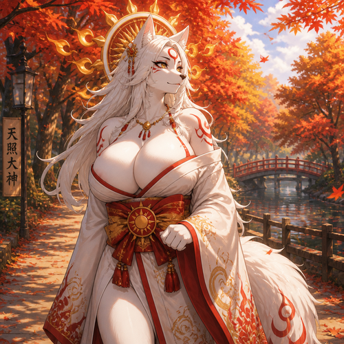 Amaterasu (a well-made busty anthro female character) was wearing a robe and taking a walk on an autumn park. Anime version.