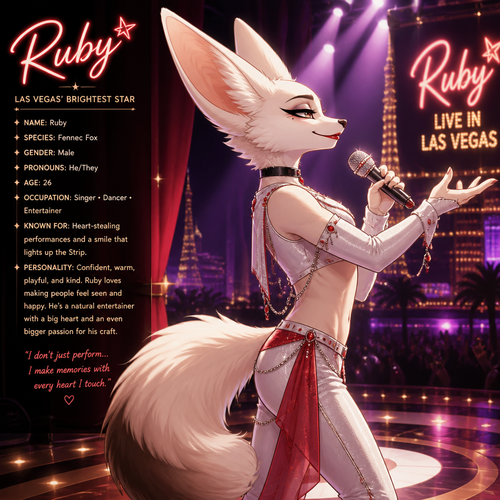 A well-made white furred fennec Fox male named Ruby, wears something attractive for entertainment for a show by self to dance/sing. Wears eyeliner and lipstick. Has a bushy tail. A grown femboy anthro. A star in Las Vegas. Well groomed. Side view. Animated verse. Has good personality.