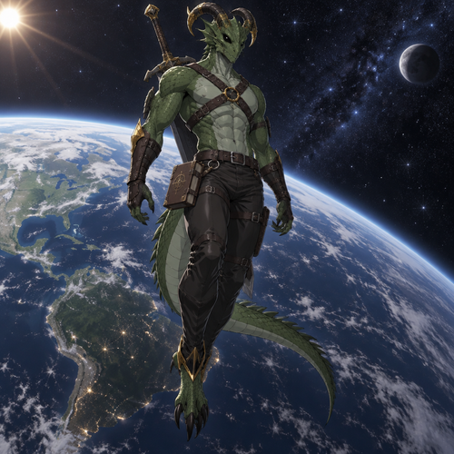 A green scaled male dragonoid with insect chitin covering his head, 2 inward curving horns, black eyes, wearing a leather harness, black leather pants, gold coverings on parts of his horns, a great sword on his back, and a leather bound journal hanging on the right side of his waist. He is floating in outer space above a planet that closely resembles Earth. Anime art style, solo, full body.