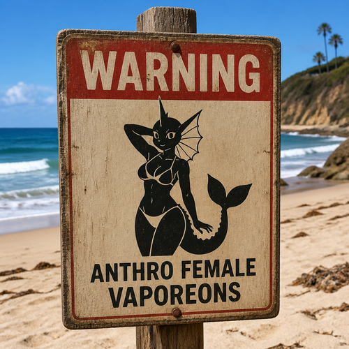A sign on a beach says; warning, Anthro female Vaporeons.