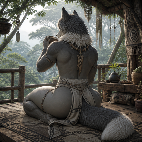 A well-made male femboy grown grey Wolf omega from a tribal who lives up top of a treehouse among the trees alone. Has thick thighs, round buttocks, bushy tail, fluffy neck, wears a necklace, and wearing a cloth clothing. Back view. Drinking a cup of hot tea.