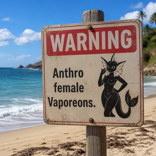 A sign on a beach says; warning, Anthro female Vaporeons.