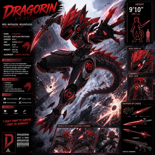 A young light red male raptilian protogen that’s mostly machine. Action packed pose, height of 9 foot 10 inches, likes hand to hand fighting and weapons. Has the name of Dragorin. Anime art style.