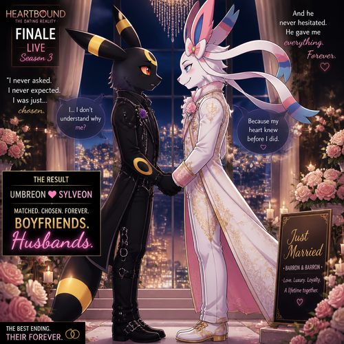 In a dating reality show (a well-made animated version) a non-rich half gothic grown Umbreon male is surprisingly unbelievably been accepted to become a boyfriend to this super rich grown Sylveon male as a Barron for not understanding why. In an anthropomorphic universe. Never asks but been gifted. A good ending. Side view. A modern present day. Best gay marriage ever.