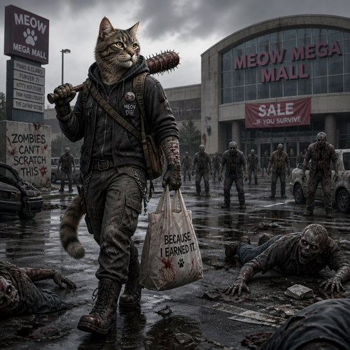 A fearless anthro Cat who fought through the Zombies and is heading to the mall.