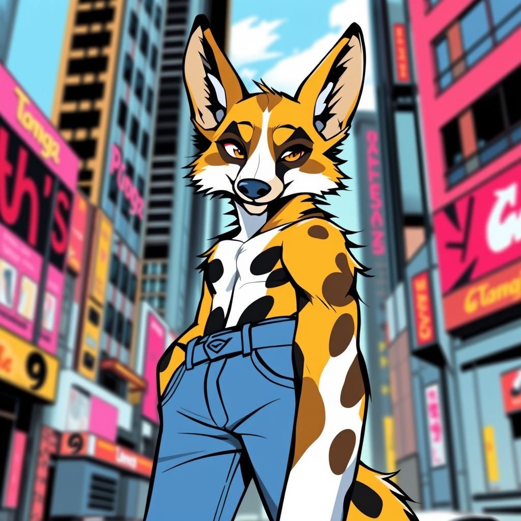A thin, shirtless male painted dog with splotchy yellow, brown, black, and white fur. He has slightly rounded ears. He’s wearing tight straight cut jeans.