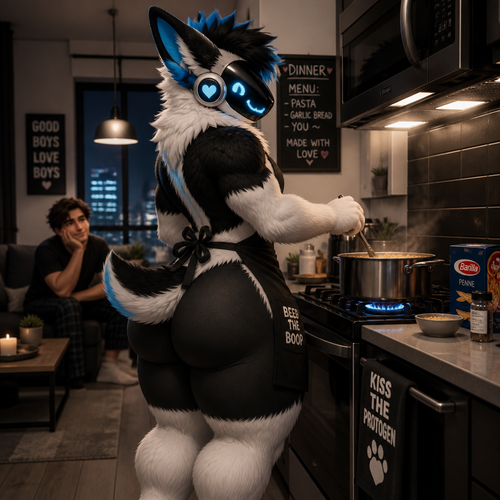 A well-made homosexual fluffy gay Protogen male character who lives in a modern apartment with his human and waiting while cooking some pasta dinner. Has thick thighs, wide hips, big butt, and has short tail also wears an apron.