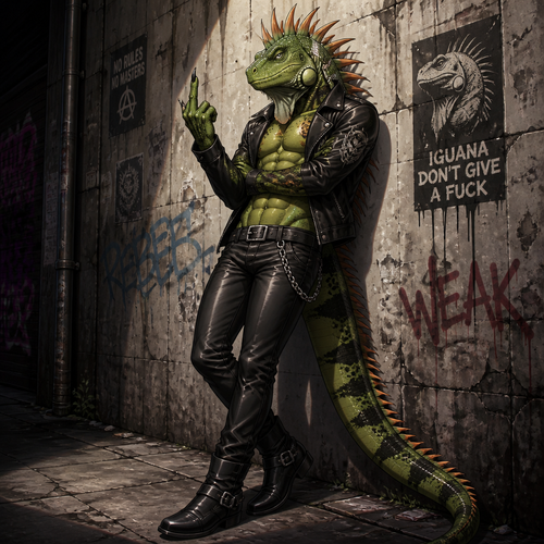 A male anthropomorphic iguana wearing leather pants, shirtless with 8 pack of abs, leather jacket, leather boots, and spines in a Mohawk style. Leaning back on a wall, left hand crossed to right elbow while right hand is raised giving the middle finger. Anime style, solo, full body.