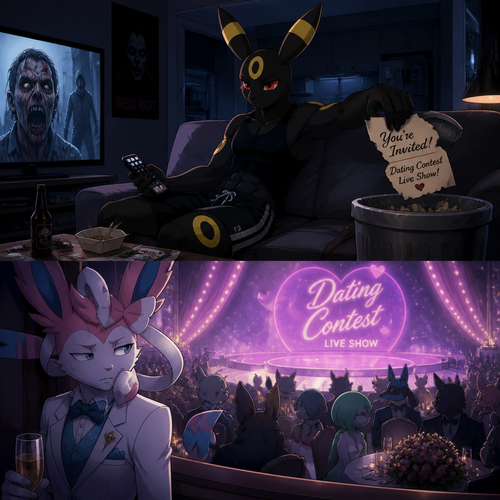 In a anthro Pokemon universe. A grown non-rich Umbreon male who lives in a apartment alone who’s ripped the envelope that says; your invited to dating contest live show; from the grown wealthy Sylveon male (the Barron) and then put it on a trash while continues to watch a zombie horror movie on television, while the Barron feels something is not right and didn’t shown while the live show starts. A well-made animated modern life version.