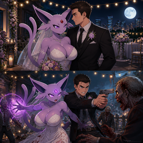 In this reality, at the wedding right before everything was perfect and then after the zombies crashed the party. A busty adult female Espeon the bride and her human groom as husband and wife stand together and face the living dead at night. A well-made animated version. A modern life.