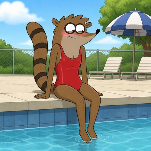 Rigby from Regular Show wearing tight red swimsuit sitting on the edge of a pool with a blush on his face. Solo full body.