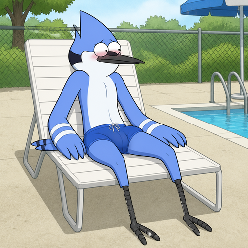 Mordicai from Regular Show wearing tight blue swim trunks sitting on a pool chair with a blush on his face. Solo full body.